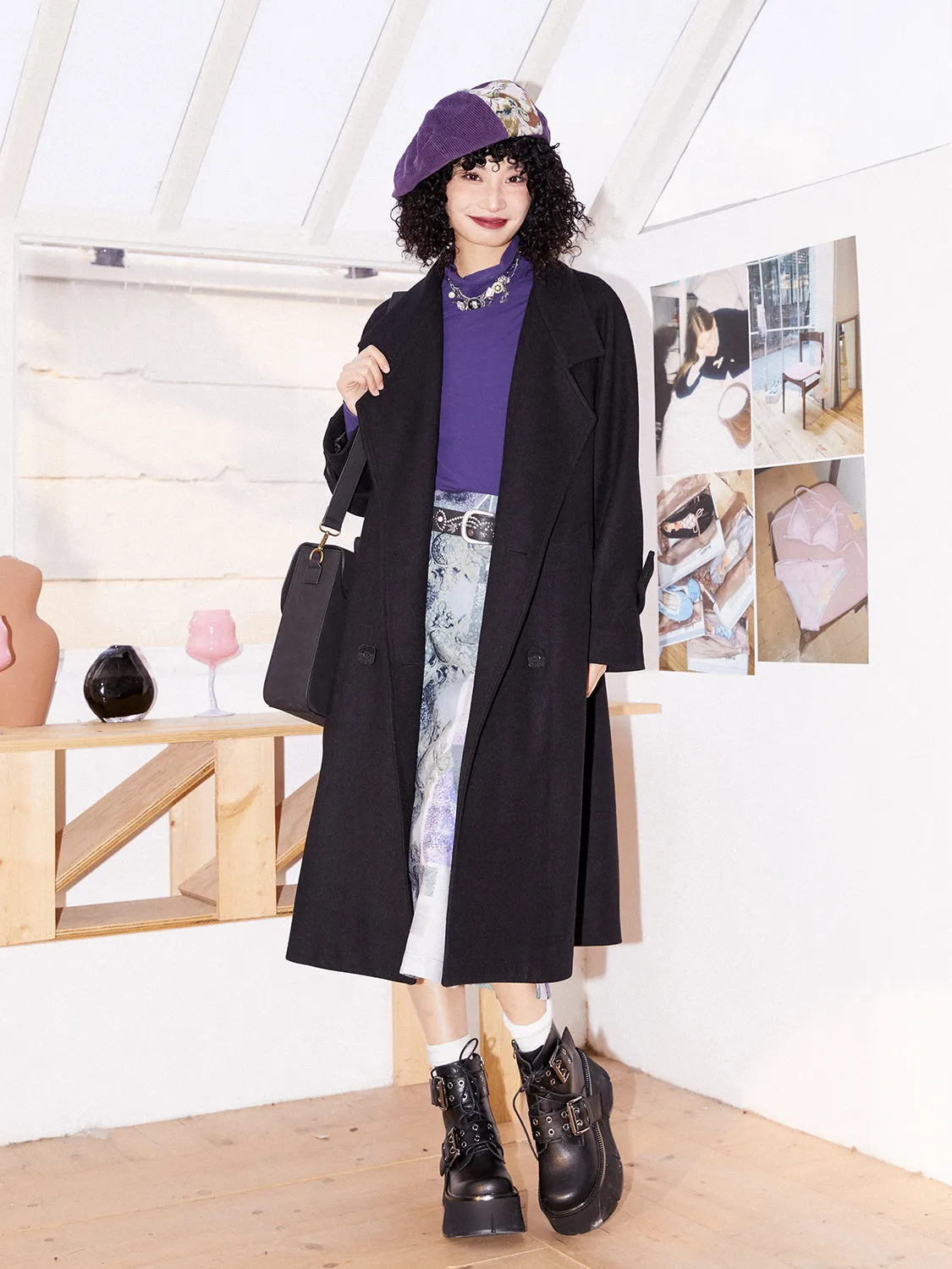 Wool Stripe Oversize Vintage Frop-Shoulder Long-Coat