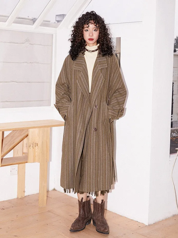 Wool Stripe Oversize Vintage Frop-Shoulder Long-Coat