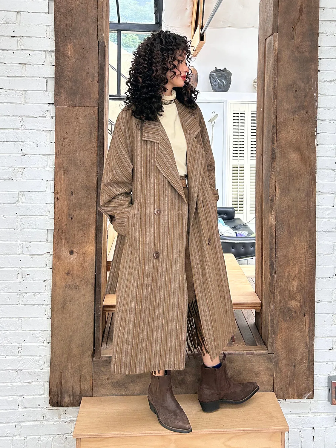 Wool Stripe Oversize Vintage Frop-Shoulder Long-Coat