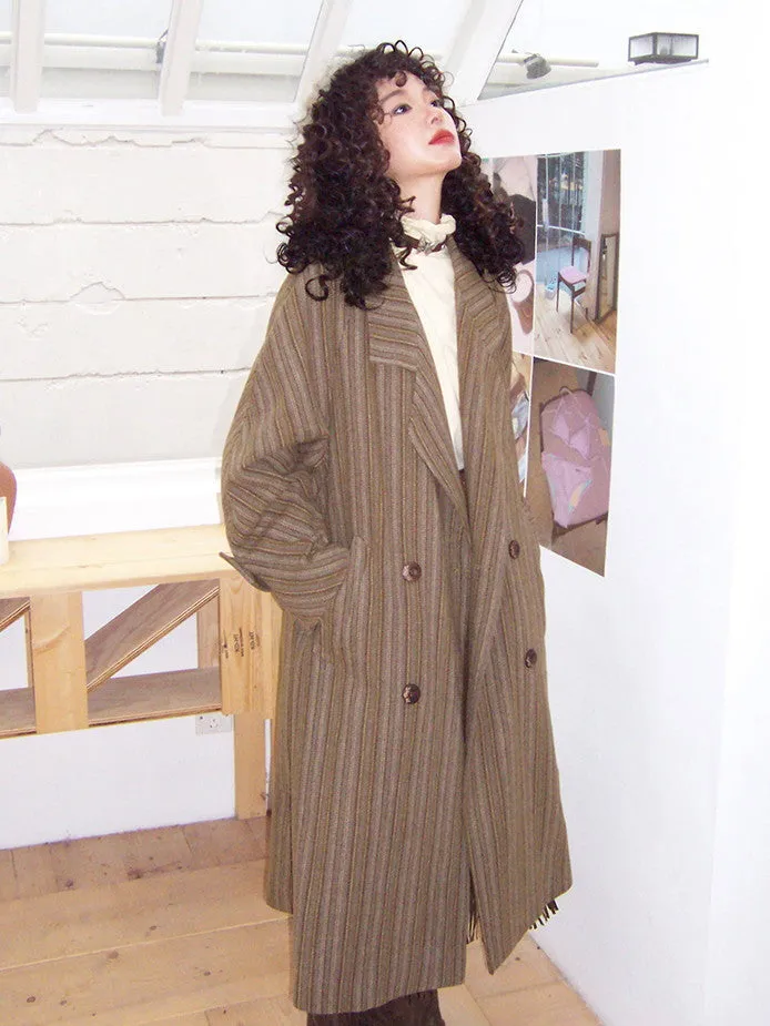 Wool Stripe Oversize Vintage Frop-Shoulder Long-Coat