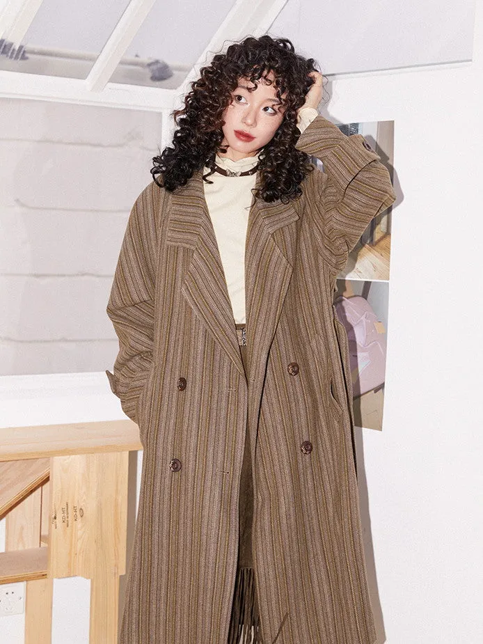 Wool Stripe Oversize Vintage Frop-Shoulder Long-Coat