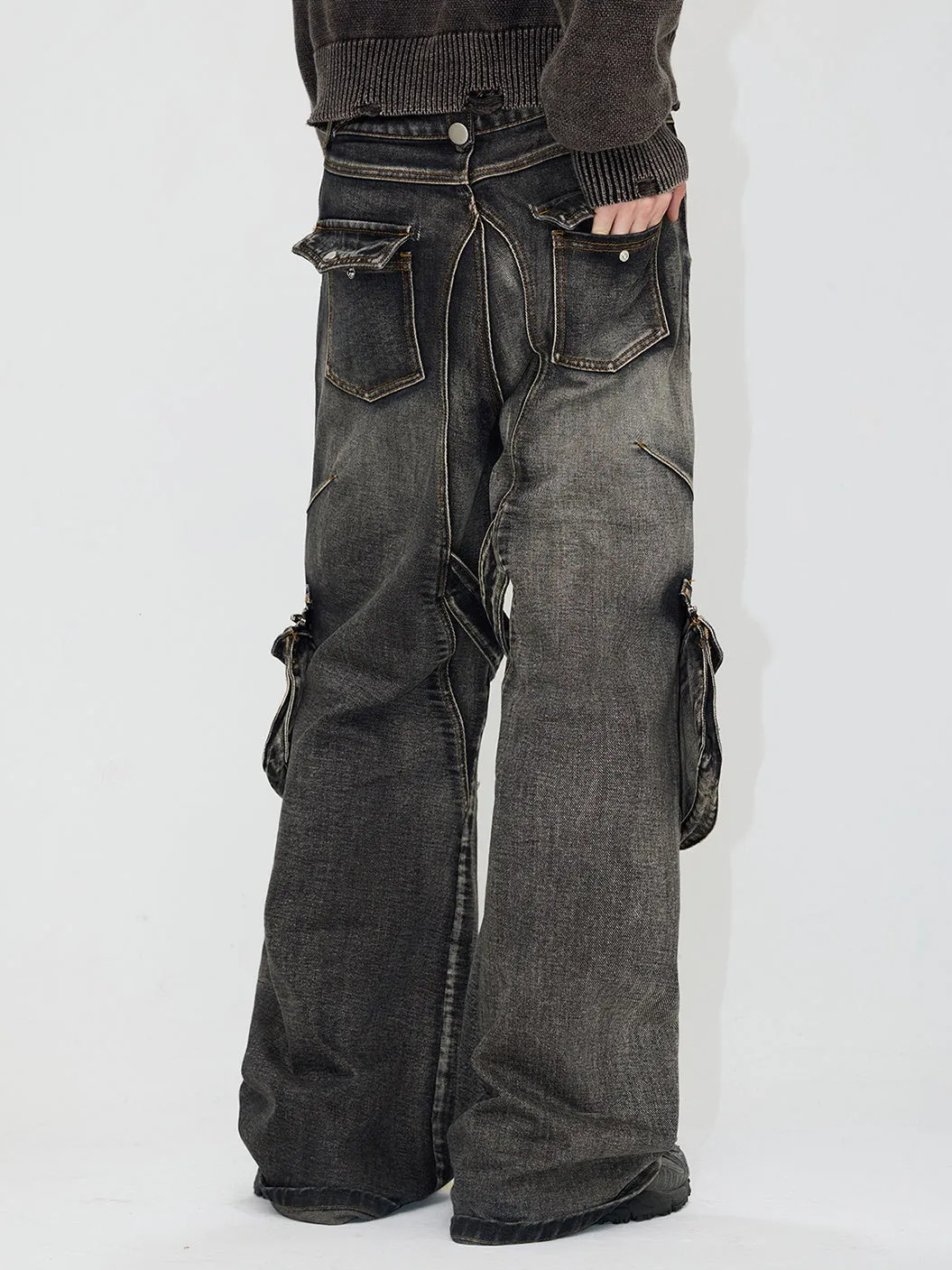 Zipper And Detachable Pockets Wash Cargo Jeans